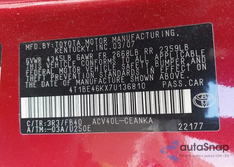 2007 Toyota Camry Le from USA, damaged, VIN 4T1BE46KX7U136810